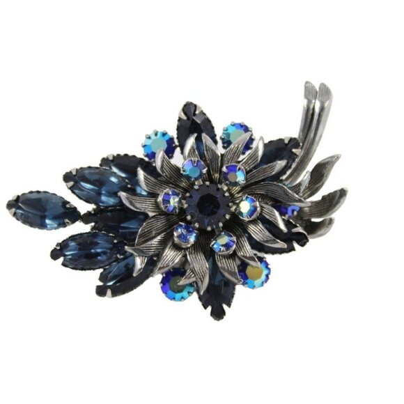 Vintage Selini Floral Rhinestone Brooch Pin In Silver Tone With Blue Stones - Picture 1 of 4